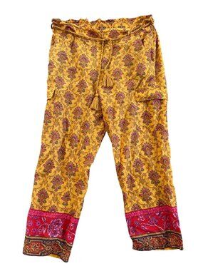 Sundance Womens Sz L Yellow Paisley Cotton Boho Pants With Elastic Waist